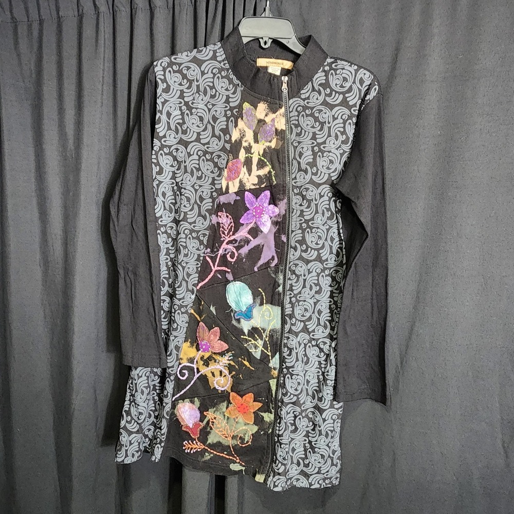 Windhorse Womens Cotton Zip Up Tunic Jacket‎ Floral Patchwork Nepal Black Gray M